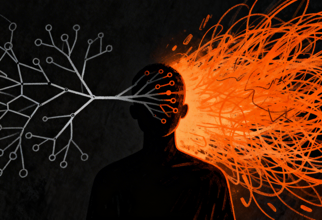 Représentation visuelle du haut potentiel intellectuel (HPI) montrant une pensée structurée et une explosion d’idées créatives, illustrant le fonctionnement du cerveau et l’entrepreneuriat.