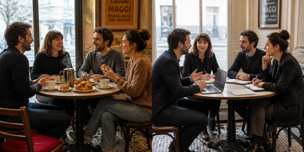 Manager et collaborateurs entre moment convivial et réunion professionnelle
